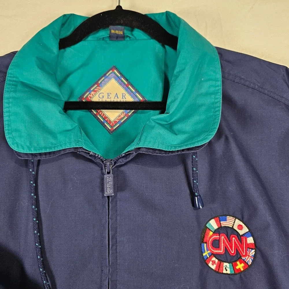 Vintage GEAR for SPORTS CNN Logo Bomber Jacket Navy Teal XL‎ Made in Hong Kong